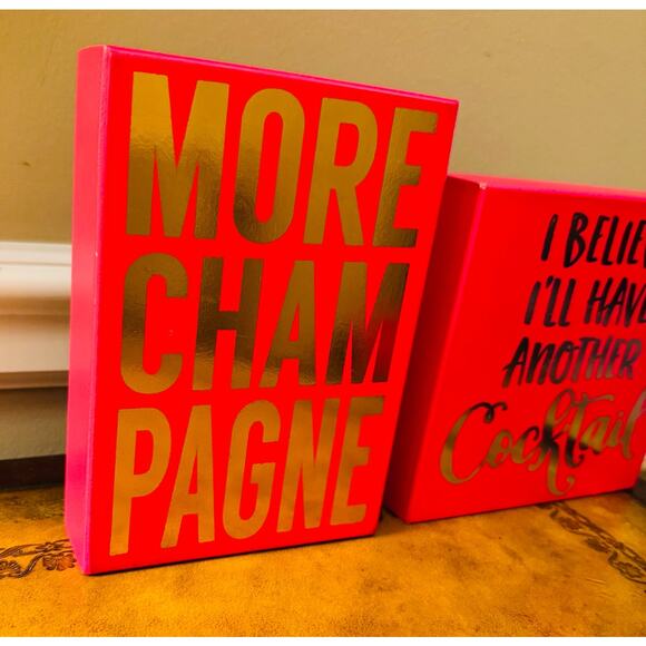 Wood Sayings Signs Pink Gold Cocktail Champagne Square Rectangle Set of 2 NEW - Picture 3 of 4